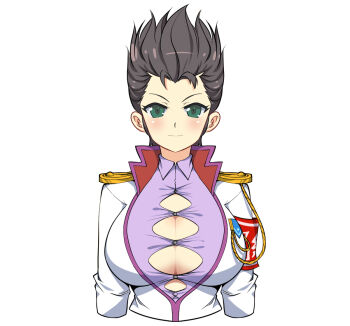 1girl armband black_hair blush breasts bursting_breasts button_gap character_name cleavage closed_mouth collared_shirt commentary english_commentary epaulettes green_eyes jacket kanzaki_(senran_kagura) kometoze large_breasts long_sleeves looking_at_viewer purple_shirt red_armband senran_kagura senran_kagura_new_wave shirt short_hair simple_background solo spiked_hair upper_body v-shaped_eyebrows white_background white_jacket