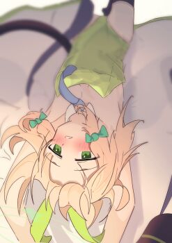 1girl animal_ear_headphones animal_ears armpits arms_up blonde_hair blue_archive blue_necktie blurry blush bow breasts commentary_request detached_collar fake_animal_ears green_bow green_eyes green_halo green_leotard hair_bow halo headphones highres leotard looking_at_viewer lying midori_(blue_archive) monitomato necktie on_back parted_lips playboy_bunny rabbit_ears short_hair small_breasts solo strapless strapless_leotard thighhighs upside-down