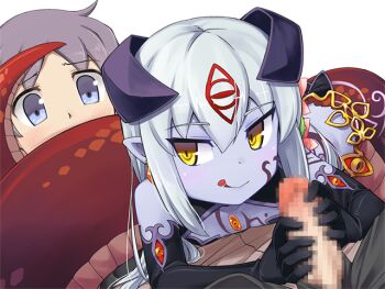 1boy 1girl aged_down alipheese_fateburn_xvi black_gloves blue_eyes blue_skin blush censored coiled colored_skin elbow_gloves eye_tattoo femdom flower game_cg gloved_handjob gloves hair_between_eyes hair_flower hair_ornament handjob hetero horns jewelry jingai_modoki kodomo_doushi lamia licking_lips loli lolidom long_hair looking_at_another looking_to_the_side luka_(mon-musu_quest!) mon-musu_quest! mon-musu_quest:_paradox monster_girl mosaic_censoring penis pointy_ears purple_hair restrained sexually_suggestive simple_background slit_pupils smile snake_bondage snake_tail tail tattoo tongue tongue_out torotoro_resistance transparent_background white_hair yellow_eyes