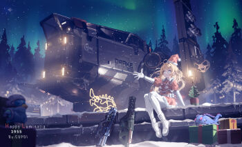 1girl aurora blonde_hair boots character_request chigalidepoi christmas commentary_request gift gloves gun hat highres long_hair night outdoors outstretched_arm santa_hat sitting spacecraft star_citizen weapon white_boots white_gloves wide_shot