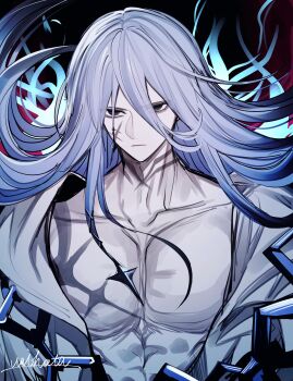 1boy absurdres azrael_(grand_assassin)_(fate) bags_under_eyes black_eyes blue_fire blue_hair colored_skin dark-skinned_male dark_skin facial_scar fate/grand_order fate_(series) fire floating_hair grey_skin hair_between_eyes hair_ornament highres long_hair looking_at_viewer male_focus pectorals robe scar scar_on_cheek scar_on_chest scar_on_face scar_on_neck solo umihotasan upper_body white_robe