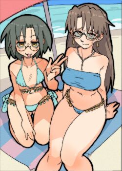 Rule 34 | 2girls, :3, :d, aqua bikini, azumanga daiou, beach, beach towel, bikini, blue bikini, blue sky, breasts, brown hair, crossover, earrings, glasses, green hair, hand on own thigh, jewelry, long hair, looking at viewer, lucky star, mizuhara koyomi, multiple girls, narumi yui, navel, necklace, open mouth, panties, pantsu-ripper, seiza, short hair, side-tie panties, sitting, sky, smile, strapless, strapless bikini, sweatdrop, swimsuit, thighs, towel, umbrella, underwear, w, yellow eyes