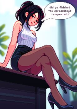 1girl absurdres artist_self-insert aseprite_(medium) black_eyes black_hair blurry blush breasts commentary crossed_legs depth_of_field english_commentary english_text from_below high_heels high_ponytail highres indoors long_hair looking_at_viewer medium_breasts office_lady panties pantyhose pantyshot pixel_art plant ponytail sleeveless sleeveless_turtleneck smile solo speech_bubble turtleneck underwear yumykon yumykon_(yumykon) yumyverse