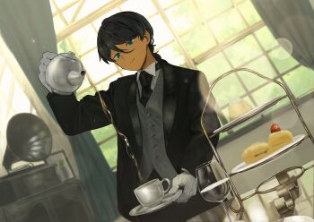 Rule 34 | 1boy, aqua eyes, black hair, black jacket, black necktie, blurry, blurry background, bokeh, butler, closed mouth, cup, curtains, dark-skinned male, dark skin, depth of field, drinking glass, dutch angle, formal clothes, glint, gloves, grey vest, highres, holding, holding plate, holding teapot, indoors, jacket, jimini shijimi, light smile, looking at viewer, male focus, necktie, original, phonograph, plate, pouring, solo, suit, suit jacket, teacup, teapot, tiered tray, vest, water, white gloves, window, wine glass, wing collar