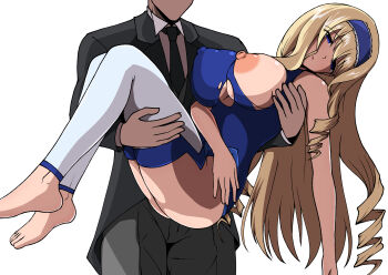 1boy 1girl barefoot blonde_hair blue_eyes breasts carrying cecilia_alcott covered_erect_nipples empty_eyes feet formal_clothes hairband half-closed_eyes highres infinite_stratos large_breasts legs long_hair looking_at_viewer necktie nipples one_breast_out pants parted_lips princess_carry thighs tongue torn_clothes