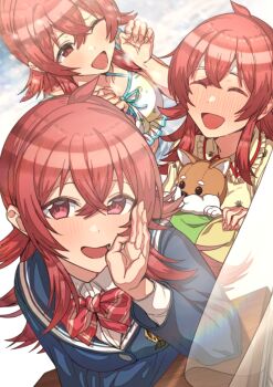 1girl blush bow bowtie closed_eyes crossed_bangs erere hair_between_eyes holding holding_stuffed_toy idolmaster idolmaster_shiny_colors komiya_kaho long_hair long_sleeves looking_at_viewer multiple_views one_eye_closed open_mouth red_bow red_bowtie red_eyes red_hair school_uniform smile striped_bow striped_bowtie striped_clothes stuffed_animal stuffed_dog stuffed_toy