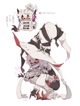 Rule 34 | 1boy, armor, armored boots, armored footwear, belt, black gloves, black jumpsuit, boots, buckle, bug, butterfly, butterfly wings, reference sheet, covered mouth, crop top, dark-skinned male, dark skin, drawing (action), flying sweatdrops, full body, gloves, greaves, hair between eyes, half gloves, hand up, hat, high collar, highres, insect, insect wings, inu fuji, jumpsuit, large hat, long hair, long sleeves, looking at viewer, looking to the side, low twintails, magic, male focus, multiple belts, multiple views, original, pointy footwear, puffy long sleeves, puffy sleeves, red belt, red eyes, shaded face, shirt, squatting, star (symbol), swirl, thigh armor, twintails, upper body, very long hair, white background, white hair, white hat, white shirt, wing ears, wings, witch hat, yngdor (inu fuji)