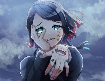 1boy absurdres aqua_eyes asymmetrical_bangs black_hair black_jacket cloud cloudy_sky colored_tips commentary_request crazy enmu_(kimetsu_no_yaiba) excited facial_mark fangs finger_tattoo floating_hair furrowed_brow hand_on_own_cheek hand_on_own_face highres incoming_attack jacket kanji_tattoo kimetsu_no_yaiba long_sleeves looking_at_viewer male_focus multicolored_hair night outstretched_arm parted_lips purple_nails reaching reaching_towards_viewer ringomaru scene_reference sky smile solo straight-on symbol-shaped_pupils tattoo tears_facial_mark teeth trap undershirt upper_body veins veiny_hands