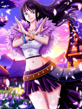 1girl aladdin_(ala21ddin21) belt black_hair black_skirt blue_eyes blunt_bangs bracelet capelet cloud commentary cowboy_shot dutch_angle eyelashes falling_petals floating_clothes highres jewelry long_hair looking_to_the_side midriff navel nico_robin one_piece outdoors petals purple_shirt purple_skirt shirt sidelocks signature skirt smile solo sunset twitter_username white_shirt