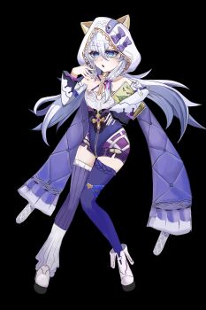 1girl 63_(lofter_258328038311) absurdres animal_hood black_background blue_eyes boots breasts cat_hood chinese_commentary commentary_request detached_sleeves full-length_zipper full_body highres honkai_(series) honkai_impact_3rd hood long_hair purple_thighhighs purple_unitard simple_background small_breasts solo theresa_apocalypse theresa_apocalypse_(schicksal&#039;s_imperative) thighhighs thighs white_boots white_hair zipper