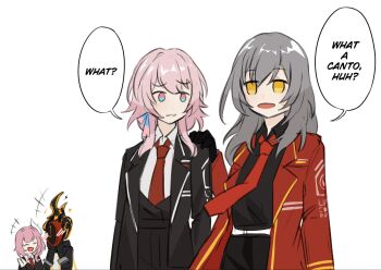 +++ 1other 3girls belt black_belt black_gloves black_pants black_shirt blue_eyes blush coat collared_shirt commentary cosplay crossover cyrene_(honkai:_star_rail) cyrene_(philia093)_(honkai:_star_rail) dante_(limbus_company) dante_(limbus_company)_(cosplay) english_commentary english_text gloves hand_on_another's_shoulder hands_on_own_cheeks hands_on_own_face highres honkai:_star_rail honkai_(series) lapels lcb_uniform_(project_moon) limbus_company long_hair mamaprofennn march_7th_(honkai:_star_rail) meme mili_(band) multicolored_eyes multiple_girls necktie notched_lapels open_clothes open_coat open_mouth pants pink_eyes pink_hair project_moon red_coat red_necktie shirt speech_bubble stelle_(honkai:_star_rail) stelle_(honkai:_star_rail)_(cosplay) trailblazer_(honkai:_star_rail) two-tone_eyes what_a_week_huh_(meme) white_belt wing_collar yellow_eyes