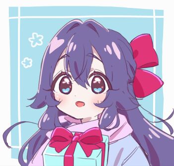 1girl :d alternate_costume alternate_hairstyle blue_background blue_eyes blue_hair blush border bow box casual christmas_present commentary double-parted_bangs flower_symbol fluffy_hair gift gift_box hair_between_eyes hair_bow hair_intakes half_updo highres inset_border kimi_no_koto_ga_dai_dai_dai_dai_daisuki_na_100-nin_no_kanojo long_hair looking_at_viewer open_mouth pink_bow pink_scarf portrait scarf side_ahoge sidelocks smile solo symbol-only_commentary white_border winter_clothes yano_akane yoshimoto_shizuka