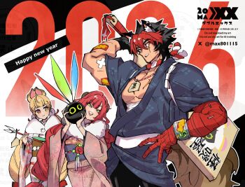 1boy 2girls alice_thymefield animal_ears bandaged_arm bandages bangboo_(zenless_zone_zero) black_kimono blonde_hair commentary dog_boy dog_ears dog_tail english_commentary green_eyes happy_new_year heterochromia huge_weapon japanese_clothes kimono komano_manato max801115 multicolored_hair multiple_girls muscular muscular_male new_year pink_kimono rabbit_ears rabbit_girl red_bandage red_eyes red_hair scar scar_on_chest tail ukinami_yuzuha weapon yukata zenless_zone_zero