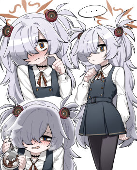 ... 1girl belt belt_buckle black_dress black_pantyhose blue_archive blush breath buckle buttons collared_shirt commentary_request cowboy_shot diagonal-striped_ribbon double-breasted dress fey_(whitepaper) flask flat_chest grey_hair hair_ornament hair_over_one_eye halo highres holding holding_flask kanoe_(blue_archive) korean_commentary long_bangs long_hair long_sleeves messy_hair mojyo multiple_views nose_blush orange_eyes orange_halo pale_skin pantyhose parted_bangs pinafore_dress pointing pointing_at_self puffy_long_sleeves puffy_sleeves red_ribbon ribbon round-bottom_flask scar scar_on_neck shirt short_twintails sidelocks sideways_glance sleeve_cuffs sleeveless sleeveless_dress solo sphere_hair_ornament spoken_ellipsis twintails very_long_hair white_shirt wide-eyed