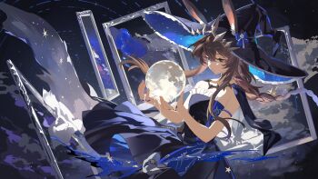 Rule 34 | 1girl, absurdres, ambience synesthesia, amiya (arknights), amiya (medic) (arknights), amiya (medic) (solo around the world) (arknights), animal ears, arknights, black cape, black dress, black hat, blue hat, braid, brown hair, cape, character name, chinese commentary, closed mouth, clothes writing, commentary request, dress, ears through headwear, floating hair, frilled dress, frilled hat, frills, hair between eyes, hat, highres, holding moon, jewelry, light particles, long hair, moon, multiple rings, official alternate costume, picture frame, ring, shen qingming, solo, surreal, two-sided cape, two-sided fabric, two-sided headwear, white cape, witch hat