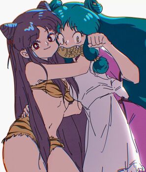 2girls apron bra chinese_clothes double_bun hair_bun long_hair lum multiple_girls panties pink_eyes purple_hair ranma_1/2 shampoo_(ranma_1/2) sidelocks simple_background striped_bra striped_clothes striped_panties underwear urusei_yatsura white_apron