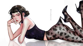 1girl absurdres arched_back black_choker choker earrings feet_up floral_print_pantyhose from_side hair_bun head_rest high-waist_pantyhose high_heels highres hooked_on_heel jewelry kpop_demon_hunters lace lace_pantyhose lace_pantyhose_hooked_on_heel_(meme) looking_at_viewer lying maleantee meme on_stomach pantyhose pantyhose_tug short_bangs solo strappy_heels white_background zoey_(kpop_demon_hunters)