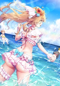 1boy 1girl androgynous ass bare_shoulders bikini bikini_skirt blonde_hair blush breasts crossdressing crossdressing_(mtf) curvy day dimples_of_venus flower from_behind hair_flower hair_ornament highres huge_ass innertube long_hair looking_ahead natsusora_aona natsusora_wakana novady open_mouth original shiny_skin skirt swim_ring swimsuit trap very_long_hair water wedgie wet wide_hips