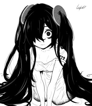 1girl absurdres bags_under_eyes commentary dirty dirty_clothes dress english_commentary frown greyscale hair_over_one_eye hatsune_miku highres kneeling long_dress long_hair lughost monochrome shoulder_tattoo signature solo static strap_slip sweat tattoo twintails very_long_hair vocaloid