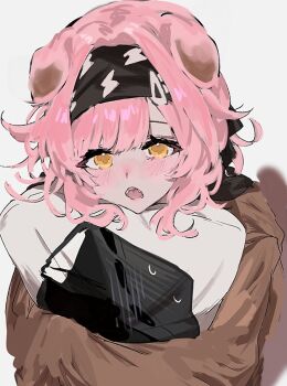 Rule 34 | 1girl, animal ears, aogisa, arknights, black hairband, blush, brown pajamas, cat ears, cat girl, commentary request, dakimakura (object), doctor (arknights), goldenglow (arknights), grey background, hair ornament, hairband, hairclip, holding, holding pillow, lightning bolt print, open mouth, pajamas, pillow, pink hair, revision, simple background, solo, upper body, yellow eyes