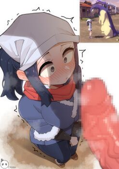 1boy 1girl akari_(pokemon) alternate_breast_size bestiality black_hair blush breasts creeeen_jjang eyelashes from_above furry furry_with_non-furry game_screenshot_inset grey_eyes headscarf highres hisuian_typhlosion imminent_rape interspecies large_breasts long_hair looking_at_penis looking_up nintendo penis_awe pokemon pokemon_(creature) pokemon_legends:_arceus pokephilia ponytail red_scarf scarf screenshot_inset sidelocks size_difference white_headscarf