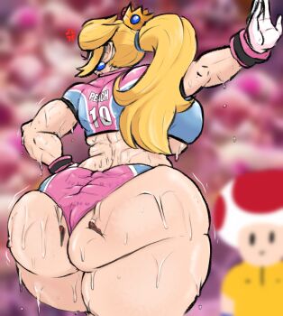 1boy 1girl anger_vein ass ass_focus between_buttocks blonde_hair breasts clothed_sex contrapposto crown earrings from_behind from_side giant giantess gloves goku-senpai hand_on_own_hip highres huge_ass huge_breasts jewelry long_hair mario_(series) mario_strikers_(series) nintendo piercing ponytail princess_peach sex sex_from_behind short_shorts shorts size_difference sportswear super_mario_strikers sweat tall_female thick_thighs thighs toad_(mario) white_gloves wide_hips