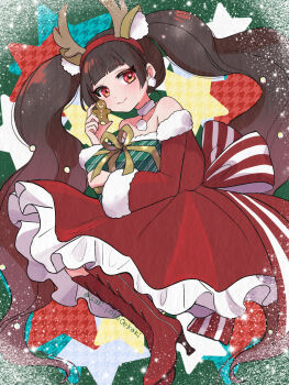 1girl animal_ear_hairband animal_ears bare_shoulders blunt_bangs blush boots box brown_hair choker christmas christmas_present closed_mouth collarbone commentary_request cookie dot_nose dress earrings eyelashes fake_animal_ears fake_antlers fingernails food fur-trimmed_dress fur_trim gift gift_box gingerbread_man hair_ornament hairband high_heel_boots high_heels highres holding holding_box holding_cookie holding_food holding_gift jewelry long_hair nail_polish off-shoulder_dress off_shoulder original red_boots red_dress red_eyes red_hairband red_nails ribbon saki_pokeoekaki santa_costume santa_dress smile solo star_(symbol) striped_ribbon twintails twitter_username two-tone_ribbon very_long_hair white_choker