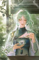 Rule 34 | 1girl, absurdres, aqua hair, black shirt, chinese commentary, clothing cutout, coat, commentary, cup, du ruo (path to nowhere), earrings, forehead jewel, green eyes, highres, hikawa (hikawa030), incense, incense burner, jade (gemstone), jewelry, leaf, lips, long hair, looking ahead, looking at viewer, mismatched earrings, open clothes, open coat, path to nowhere, pinky out, shirt, shoulder cutout, smoke, smoke trail, solo, straight-on, tassel, tassel earrings, teacup, upper body, white coat, window blinds