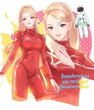 1girl blonde_hair bodysuit breasts britney_spears commentary covered_navel highres interlocked_fingers long_hair looking_at_viewer multiple_views namisonpictures real_life red_bodysuit skin_tight spacesuit