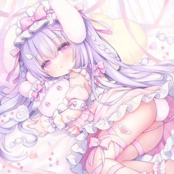 1girl animal_ears ass barefoot bed_sheet between_thighs bow candy candy_wrapper commentary detached_sleeves dress food frilled_dress frills hair_between_eyes half-closed_eyes heart heart-shaped_food heart-shaped_lollipop heart-shaped_pillow holding holding_candy holding_food holding_lollipop lollipop looking_at_viewer lying on_side original pillow pink_bow pink_dress pink_sleeves puffy_short_sleeves puffy_sleeves purple_eyes purple_hair rabbit_ears rabbit_girl rabbit_tail shaped_lollipop short_sleeves solo stuffed_animal stuffed_rabbit stuffed_toy swirl_lollipop symbol-only_commentary tail usashiro_mani
