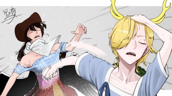 2girls absurdres arm_up bare_shoulders black_wings blonde_hair brown_hair closed_eyes commentary_request dragon_horns dress fangs hair_lift hand_on_own_head hat highres hitting horns kicchou_yachie kokusenryu kurokoma_saki long_hair meme motion_lines multiple_girls naoya_hitting_choso_without_looking_(meme) off-shoulder_dress off_shoulder open_mouth scarf short_hair short_sleeves sweat touhou turtle_shell wings yellow_horns