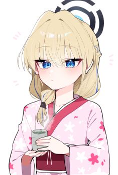 1girl bilingual_commentary blonde_hair blue_archive blue_eyes blue_streaks blush braid collarbone commentary_request cup drinking_glass green_tea hair_intakes half_up_braid halo highres holding holding_cup jamongssui japanese_clothes kimono korean_commentary looking_ahead mixed-language_commentary multicolored_hair notice_lines obi pink_kimono sash solo steam streaked_hair tea toki_(blue_archive) upper_body yukata