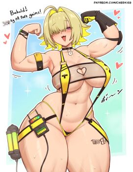 1girl ahoge biceps black_choker blonde_hair breasts cheekie choker cleavage clothing_cutout elegg_(boom_and_shock)_(nikke) elegg_(nikke) fang flexing game_controller_print goddess_of_victory:_nikke hair_intakes hair_over_eyes hair_over_one_eye heart_cutout highres large_breasts navel rabbit_choker rabbit_ornament short_hair slingshot_swimsuit smile solo swimsuit thick_thighs thighs yellow_slingshot_swimsuit