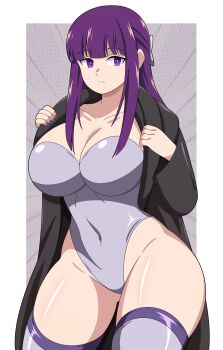 1girl absurdres abysswatchers black_robe border breasts cleavage closed_mouth collarbone cosplay covered_navel cowboy_shot expressionless eyebrows eyelashes female_focus fern_(sousou_no_frieren) fingernails ghost_in_the_shell grey_background highleg highleg_leotard highres kusanagi_motoko kusanagi_motoko_(cosplay) large_breasts leotard long_hair looking_at_viewer matching_hair/eyes nail_polish open_clothes open_robe presenting purple_eyes purple_hair purple_leotard purple_nails purple_thighhighs robe sidelocks simple_background solo sousou_no_frieren standing strapless strapless_leotard thick_thighs thighhighs thighs white_border wide_hips