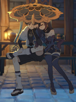 1boy 1girl armor asymmetrical_bangs bare_shoulders bench black_bodysuit black_bridal_gauntlets black_choker black_hair black_sandals black_shorts blue_cape blue_gemstone blue_hat blue_kimono blue_leotard blue_sleeves blue_thighhighs blunt_bangs blunt_ends blurry blurry_background bodystocking bodysuit breasts bridal_gauntlets bridal_legwear cape chair choker clenched_hand closed_eyes closed_mouth collarbone crotch earrings elbow_on_knee eyelashes facing_another feathers fur_collar game_screenshot_background gem genshin_impact gold gold_ring gold_shoes gold_trim grey_eyes hair_between_eyes hand_on_own_face hand_on_own_leg hat head_on_another&#039;s_shoulder hetero high_heels highres japanese_armor japanese_clothes jewelry jingasa juban kimono kote kurokote lamp layered_sleeves leg_over_thigh leg_warmers leotard locked_arms long_hair looking_at_another medium_breasts middle_ring mona_(genshin_impact) mona_(pact_of_stars_and_moon)_(genshin_impact) mondstadt_city open_clothes open_kimono outdoors parted_bangs pink_hair pom_pom_(clothes) ponytail_holder purple_rope rope sandals scaramouche_(genshin_impact) screenshot_background shared_hat shoes short_sleeves shorts shoulder_peek sidelocks sitting smile star_(symbol) star_earrings star_pendant star_print stirrup_legwear stone_floor table tankard thighhighs tile_floor tiles toeless_legwear toenails twintails vision_(genshin_impact) wanderer_(genshin_impact) white_kimono white_leg_warmers white_sleeves window wispy_bangs wooden_chair wooden_table yellow_feathers ysnden zouri