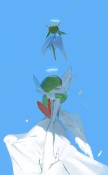 Rule 34 | angel wings, blue background, bob cut, colored skin, commentary request, dress, feathers, gardevoir, gen 3 pokemon, green hair, green skin, hakumogera, halo, highres, horns, kirlia, mega gardevoir, mega pokemon, multicolored skin, nintendo, pokemon, pokemon (creature), red eyes, sidelocks, simple background, two-tone skin, white dress, white skin, wings
