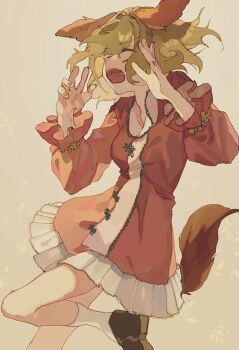 Rule 34 | 1girl, animal ears, black shoes, breasts, brown dress, closed eyes, commentary request, dog ears, dog girl, dog tail, dress, fingernails, floppy ears, foot out of frame, frilled dress, frills, green hair, green nails, grey background, hands up, kasodani kyouko, long sleeves, medium breasts, open mouth, shinjitsu no kuchi, shoes, short hair, shouting, socks, solo, tail, touhou, white socks