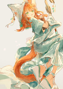 Rule 34 | 1girl, absurdres, animal ear fluff, arknights, black gloves, book, cat girl, cat tail, dress, ear covers, gloves, green eyes, highres, holding, holding book, holding staff, ichika (ichika87), open mouth, orange hair, papyrus (arknights), sandals, single ear cover, solo, staff, tail, veil, white dress, white sandals, white veil