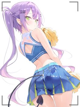 1girl absurdres ass bare_arms blue_shirt blue_sky center-flap_bangs cheerleader clothing_cutout colored_inner_hair commentary_request cropped_shirt demon_girl demon_tail double-parted_bangs earclip earrings from_behind gradient_hair green_eyes hair_ornament hairclip highres holding holding_pom_poms hololive jewelry large_variant_set long_hair looking_at_viewer looking_back median_furrow miniskirt multicolored_hair nekonosuke paid_reward_available parallel_hairclips parted_lips piercing pink_hair pleated_skirt pointy_ears pom_pom_(cheerleading) pom_poms purple_hair shirt simple_background skirt sky sleeveless sleeveless_shirt solo spiked_ear_piercing tail tail_ornament tail_piercing tail_through_clothes tokoyami_towa twintails variant_set virtual_youtuber white_background