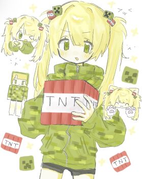 >_o 1girl :3 ^_^ animal_hands black_shorts blonde_hair blush closed_eyes commentary creeper cube_hair_ornament ebifumi explosive gloves green_eyes green_hoodie hair_ornament heart heart_hands highres holding hood hoodie long_hair looking_at_viewer minecraft multiple_views one_eye_closed paw_gloves personification shorts simple_background symbol-only_commentary tnt tnt_block_(minecraft) twintails white_background