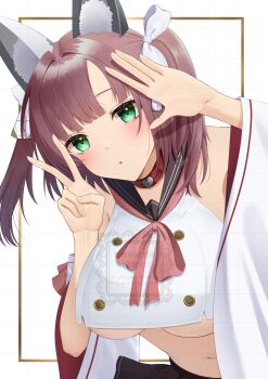 1girl absurdres animal_collar animal_ear_fluff animal_ears azur_lane black_sailor_collar blush breasts brown_hair brown_skirt collar commentary_request detached_sleeves green_eyes hair_ribbon hands_up highres konparu_uran looking_at_viewer medium_hair navel neckerchief parted_lips red_neckerchief ribbon sailor_collar shiratsuyu_(azur_lane) shiratsuyu_(retrofit)_(azur_lane) skirt solo stomach twintails underboob upper_body v white_ribbon wide_sleeves