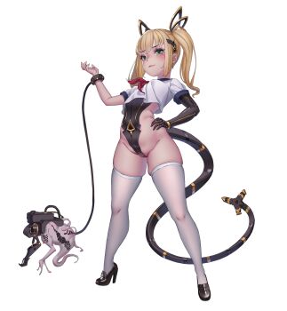 1girl absurdres animal_ears black_leotard black_shoes blonde_hair blush bracer cleft_of_venus crop_top cthulhu cthulhu_mythos eldritch_abomination fake_animal_ears fang fang_out female_focus full_body green_eyes hair_ornament hand_on_own_hip high_heels highres leash leotard loafers loli long_hair looking_at_viewer mechanical_arms mechanical_tail monster neckerchief personification pinup_(style) pussy rabbit_ears red_neckerchief revealing_clothes rhasta shirt shoes short_sleeves single_mechanical_arm skindentation smug solo standing t-shirt tail thighhighs wedgie white_background white_shirt white_thighhighs