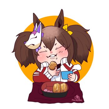 Rule 34 | 1girl, blush, bow, brown hair, closed eyes, commentary request, cup, eating, food, fox mask, grin, hair bow, horse girl, inari, inari one (umamusume), jacket, mask, mask on head, name connection, object namesake, onikobe rin, open clothes, open jacket, orange background, purple bow, red jacket, shirt, short hair, simple background, smile, solo, tracen training uniform, two-tone background, two side up, umamusume, upper body, white background, white shirt, yellow bow