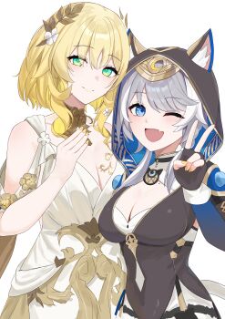 2girls ;d absurdres aglaea_(honkai:_star_rail) anima_miko animal_ears animal_hood blonde_hair blue_eyes bow breasts cat_ears cat_girl chest_tattoo choker cipher_(honkai:_star_rail) cleavage clothing_cutout commentary_request dress fang fingerless_gloves flower gloves greco-roman_clothes green_eyes grey_hair hair_flower hair_ornament highres honkai:_star_rail honkai_(series) hood jewelry large_breasts laurel_crown leotard medium_hair multiple_girls nail_polish necklace one_eye_closed open_mouth skin_fang smile tattoo white_background white_streaks