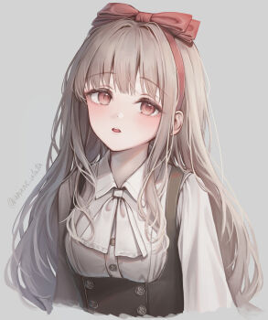 1girl amane_utata artist_name black_vest bow bow_hairband brown_hair buttons collared_shirt commentary_request cropped_torso dot_nose double-breasted grey_background hairband highres long_hair looking_at_viewer neckerchief open_mouth original red_bow red_eyes red_ribbon ribbon shirt simple_background solo teeth twitter_username upper_teeth_only vest white_neckerchief white_shirt wispy_bangs