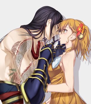 Rule 34 | 1boy, 1girl, applying another's makeup, applying lipstick, applying makeup, arm tattoo, bare pectorals, black hair, blue gloves, bow, chest tattoo, choker, commentary request, dress, eye contact, fate/grand order, fate (series), flower, fujimaru ritsuka (female), fujimaru ritsuka (female) (starlight fest), gloves, grey background, hair flower, hair ornament, hair scrunchie, long hair, looking at another, open mouth, orange choker, orange dress, orange eyes, orange gloves, orange hair, orange scrunchie, pectorals, profile, sakurai (poyo), scrunchie, short hair, side ponytail, simple background, standing, strapless, strapless dress, tattoo, topless male, upper body, white bow, yan qing (fate)