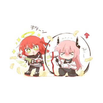 Rule 34 | > <, + +, 2girls, :d, arrow (symbol), black pants, black pantyhose, black shoes, blush, bocchi the rock!, chibi, chibi only, commentary request, feathers, full body, gotoh hitori, grey skirt, hair between eyes, halo, kita ikuyo, long hair, looking at viewer, multiple girls, no mouth, nose blush, on one knee, open mouth, pants, pantyhose, pink hair, rebecca (keinelove), red hair, shirt, shoes, simple background, skirt, smile, standing, tears, traditional halo, white background, white shirt, yellow eyes