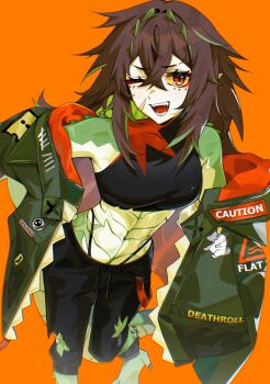 1girl black_pants black_shirt brown_hair colored_inner_hair colored_sclera commentary crocodile_girl crocodilian_tail english_commentary fangs green_jacket green_scales green_streaks highres indie_virtual_youtuber jacket kairyu_crocodile looking_at_viewer multicolored_hair one_eye_closed open_mouth orange_background pants red_eyes rhheeaaart shirt sleeveless sleeveless_shirt smile solo streaked_hair tail virtual_youtuber yellow_sclera