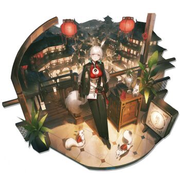 Rule 34 | 1girl, :o, against railing, albino animal, animal ears, architecture, arknights, bag, black gloves, black jacket, black pants, black shoes, blunt bangs, book, breasts, chinese new year, chinese text, city, city lights, cleavage, cleavage cutout, clothing cutout, colored shoe soles, crop top, earrings, east asian architecture, fingerless gloves, from above, full body, gloves, highres, holding, holding book, jacket, jacket on shoulders, jewelry, lantern, long hair, looking at viewer, looking up, mandarin collar, medium breasts, necklace, night, official alternate costume, official art, outdoors, pants, paper bag, paper lantern, pink eyes, plant, ponytail, potted plant, railing, reoen, ring, ring necklace, shoes, solo, squirrel, squirrel ears, squirrel girl, squirrel tail, stairs, standing, surfer (arknights), surfer (by the lamplight) (arknights), tail, tassel, tassel earrings, third-party source, transparent background, white hair