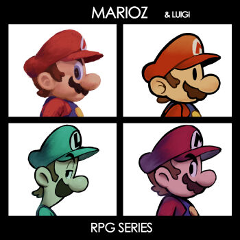 4boys album_cover album_cover_redraw blue_eyes blue_overalls brown_hair close-up cover demon_days_(gorillaz) derivative_work facial_hair fake_cover from_side gorillaz green_hat half-closed_eyes hat highres initial looking_to_the_side luigi male_focus mario mario_&amp;_luigi_rpg mario_(series) multiple_boys multiple_persona mustache nintendo overalls paper_mario paper_mario_(character) parody profile red_hat red_shirt shirt short_hair style_parody super_mario_rpg yamari_(ya_mari_6363)